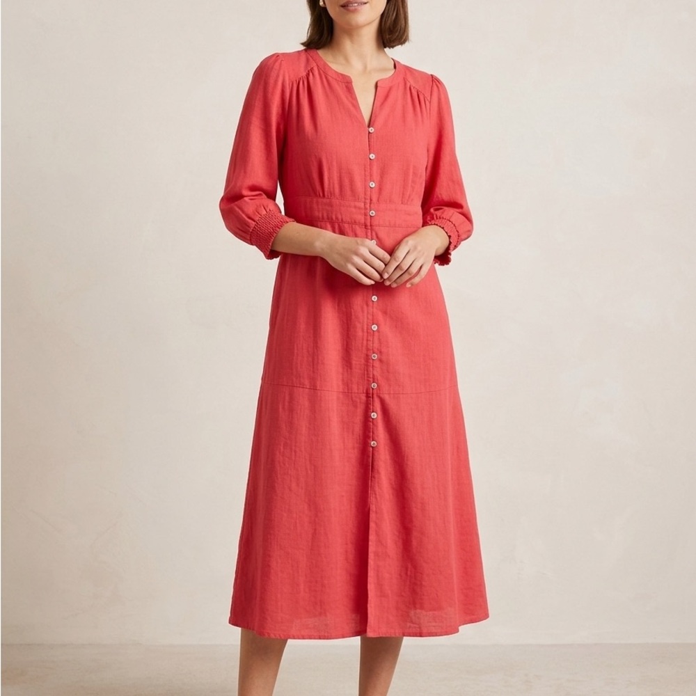 J. Jill Coral Button-Front Summer Linen Blend Midi Dress Size Medium‎